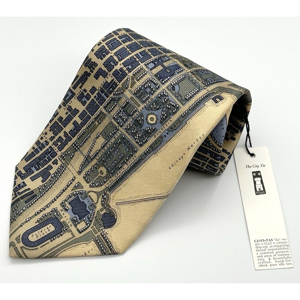 NWT Civitas Chicago Silk Map Tie Necktie Downtown Grant Park Soldier Field